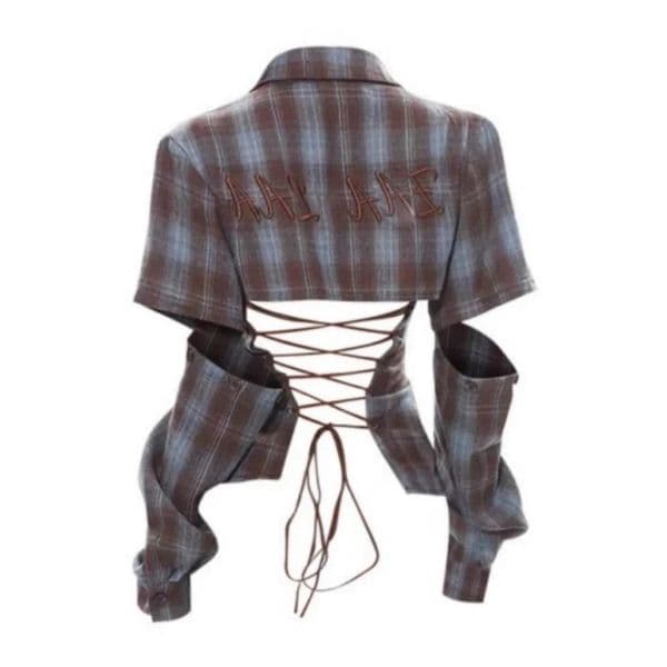 Deeptown Y2k Vintage Plaid Sexy Backless Women Shirt Detachable Sleeve American Fashion Aesthetic Blouses Slim Gyaru Summer 260109BJ