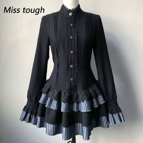 Bestseller Winter Subculture Gothic Court Retro Design Women Dress Japanese Lolita Y2k Style Long Sleeve Cinched Waist Lace Stripes Skirts ddmytues
