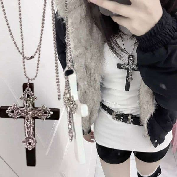 Gothic Punk Large Wood Y2k 3D Relief Flower Metal Cross Double Pendant Necklace Jewelry Gifts Accessories XJ260110