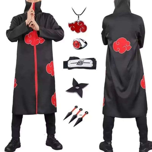Anime Ninja Cosplay Costume Uchiha Itachi Red Cloud Robe Cloak Headband Props Halloween Clothes