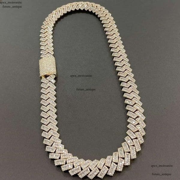 necklace moissanite chain 15mm Hip Hop VVS Diamond Baguette Cuban Link Chain Moissanite 925 Silver Jewelry Box 61