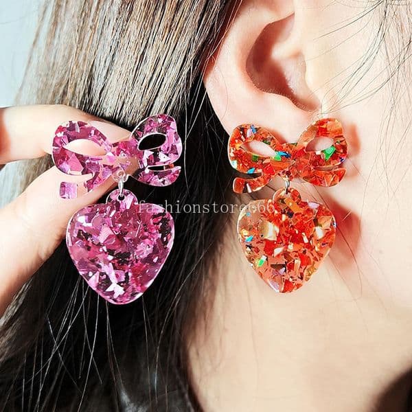 Sequins Acrylic Colorful Bow love Drop Earrings for Women Exaggerated Tropical Bow love Earrings Fashion Jewelry Gifts