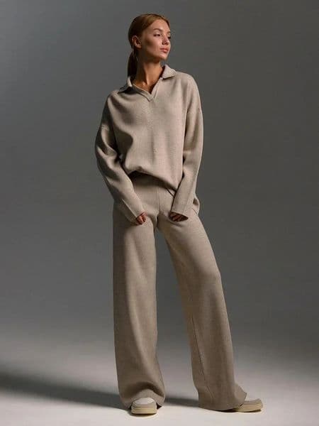 Bornladies Winter Thick Women Knitted Suits Soft 2 Pieces Sets Female Polo Neck Sweater Wide Leg Pants Outfit 260109