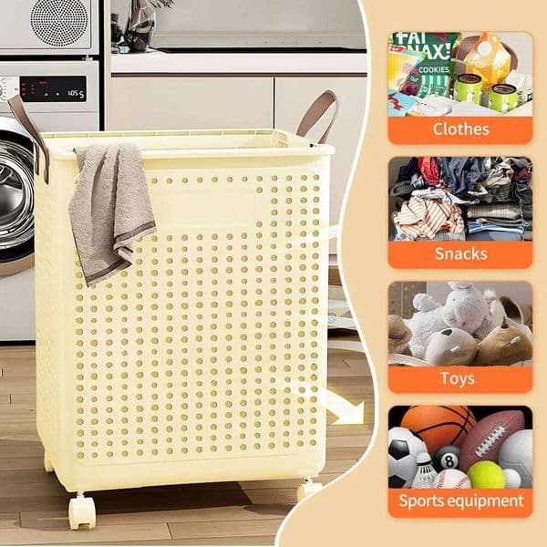Laundry Basket Plastic Large With Wheel Foldable Clothing Storage Hamper Removable Organization Portable For Balcony Bathroom 26H0110