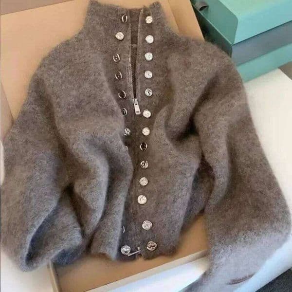 Women Fluffy Knitted Cardigans Design Double Breasted Sweater Coat Autumn Winter High-End Lazy Zipper Knit Top