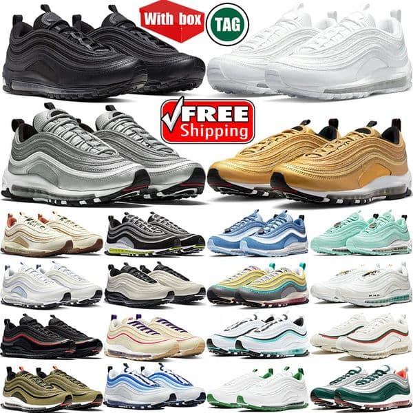 Free Shipping with box 97s designer running shoes men women triple black white Jesus Satan Bred Neon Seoul mens trainers outdoor sports 97 sneakers