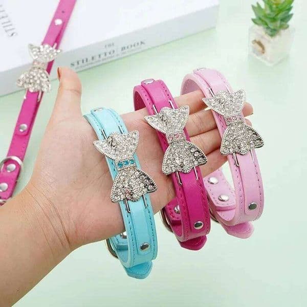 Cute PU Leather Puppy Bling Rhinestone Bowknot Chihuahua Collar for Small Medium Larger XXS-XL Dog Accessories 26H0110