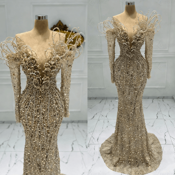Stunning Pearls Prom Gowns Off Shooulder Long Sleeve Mermaid Evening Dresses Beaded Celebrity Party Customized