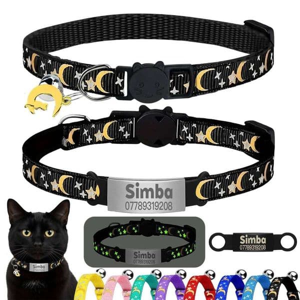 Customized Cute Glow Cat Collar Free Engraved Puppy Kitten Anti-lost Pet ID Nameplate Necklace With Bell & Moon Ornament 26W0112