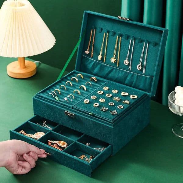 New Vintage Style Green Velvet Double Lock Storage Necklace Earrings and Rings Jewelry Box Large Capacity