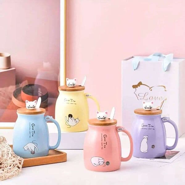 Kawaii Tea Cup Cute Ceramic Coffee Mug with Kitty Lid and Spoon Japanese style Novelty for Women Cat lover Gifts 16oz 26Y0112