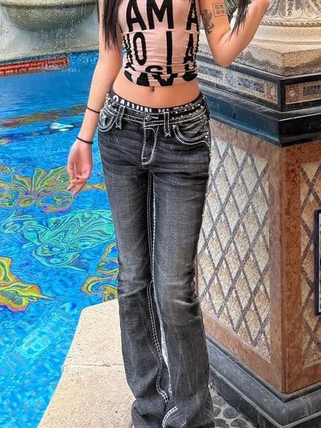 Women Vintage High Street Low Rise Flared Jeans Autumn Bell Bottom Y2k Goblin Core Harajuku Skinny Denim Pants Streetwear 260107