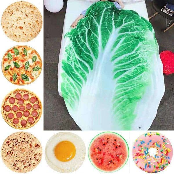 Fun Realistic Chinese Cabbage Tortilla Burrito Pizza Donut Fried Egg Watermelon Throw Blanket Giant Food Pattern Flannel XJ260112