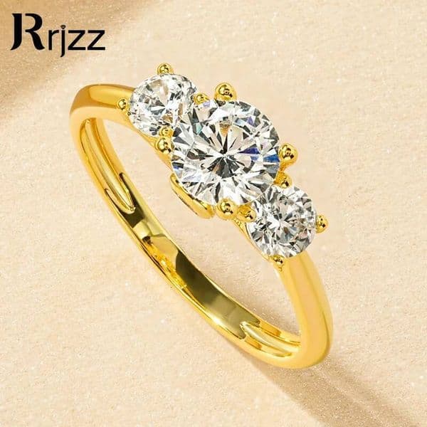 Rrjzz 14k Gold Plated Three Stone Engagement Ring Round Cut CZ Simulated Diamond Rings For Women Anniversary Fine Jewelry Gifts