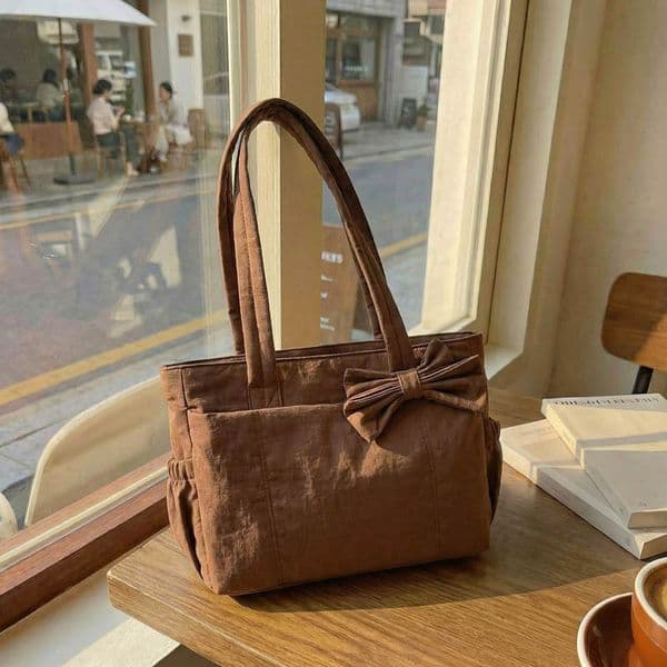 Simple Lightweight Solid Color Retro Bow Tote Bag Fashionable Texture Shoulder Bag