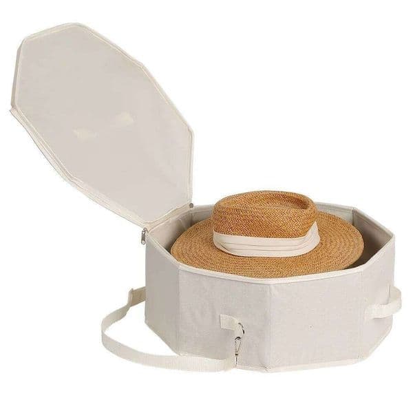 Foldable Octagonal Box, Heavy-Duty Fabric Suitcase for Wide-Brimmed Cowboy Hat Storage Travel. Hinged Lid & Hook. 26W0112