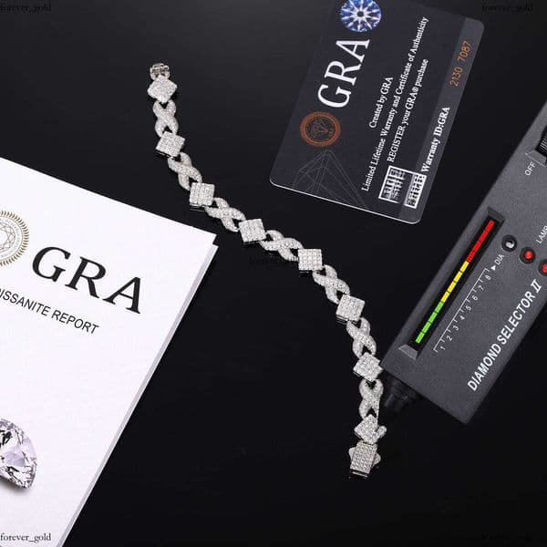 GRA Certified Diatomaceous Earth Ice Out 11mm 925 IGI Silver Geometric Chain Bracelet VVS Moissanite Tester Passed Luxury Jewelry
