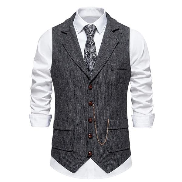 Mens Retro Lapel Chain Vest Fashion Herringbone Coarse Tweed Pockets Suit Vest British Casual Vintage Gentleman Leisure Party 260112