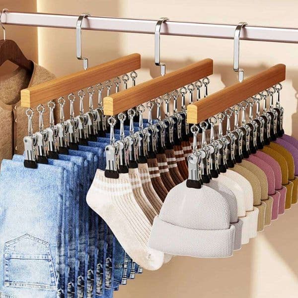 1PCS Solid Wooden Trouser Home Closet Stainless Hat Skirt Rotatable Multi-Clip Student Dormitory Storage Clip 26Y0113