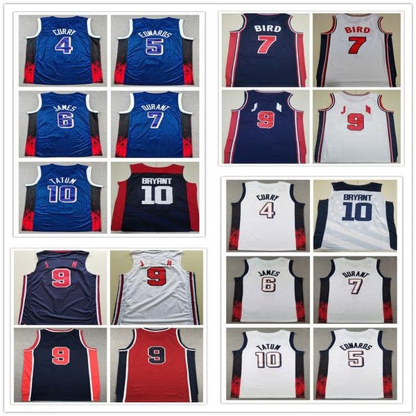 Men's USA Basketball Jerseys Kevin Stephen Jayson Anthony 6 James 4 Curry 7 Durant 10 Tatum 5 Edwards 9 Michael Larry 7 Bird 10 Bryant All Stitched
