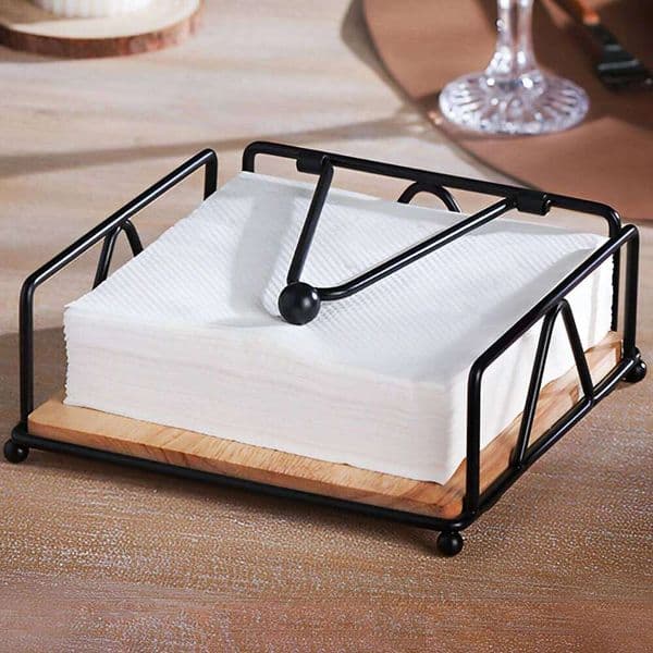 Napkin Iron Flat Serviette Holder Freestanding Wooden Base Square Paper Raised for Kitchen Office Table Reusable 26Y0113