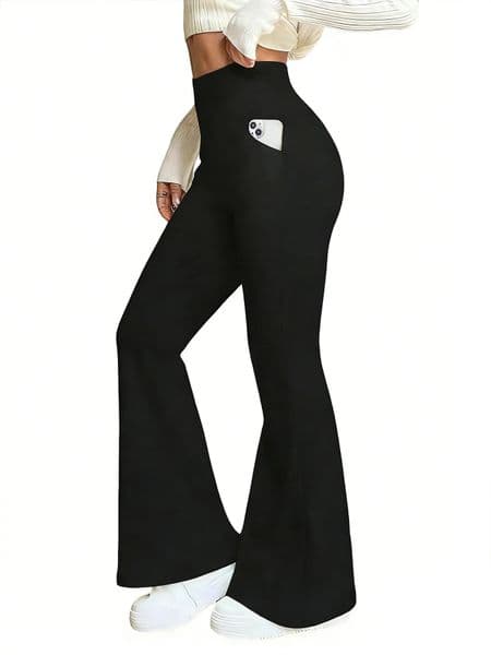 Womens Black HighWaisted Flared Pants Soft Elastic Trousers with Pockets Comfortable Fit Elegant Casual Wear no fleece 260113