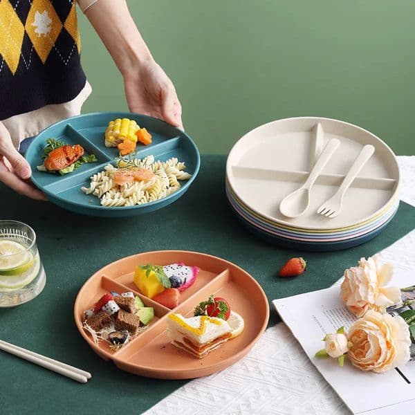 1pc Divided Breakfast Plate3 Grids Round Plastic Individual PlateReusable Healthy Diet And Weight Loss Plate Picnic Plate 260112