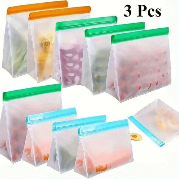 3 silicone food storage leak-proof reusable freezer bags, 26W0113