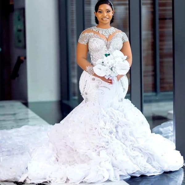 Customized Long Sleeves Crystals Bead Mermaid Wedding Dress For Bride Marriage Organza Tiered African Aso Ebi Bridal Gowns 4J13