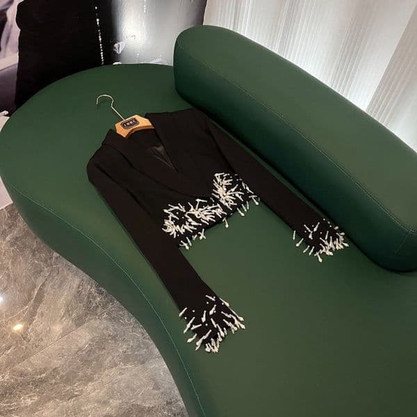 2026 Spring Black Solid Color Beaded Blazers Long Sleeve Notched-Lapel Rhinestone Classic Outwear Coats A6J133190 Check Size Chart Please