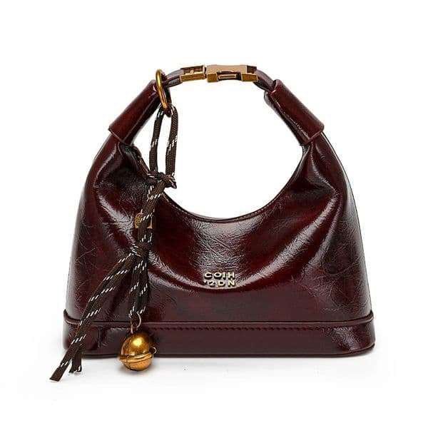 Textured Leather Hobo Bag Burgundy Shoulder Handbag with Tassel Bell Charm Womens Vintage Crescent Purse for Daily Use 260104