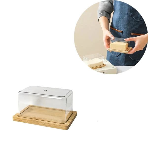 Nordic Modern Bamboo Butter Dish with Clear Acrylic Lid Countertop Kitchen Storage Dustproof Butter Container Box Minimalist 260112BJ