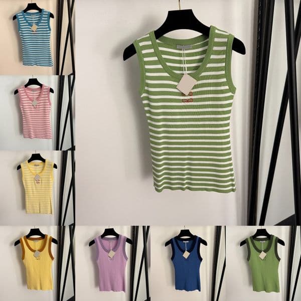 Luxury Striped Knit Tanks For Women Embroidered Slim Fit Knitted Vest Designer Street Style Contrast Color Tank Tops
