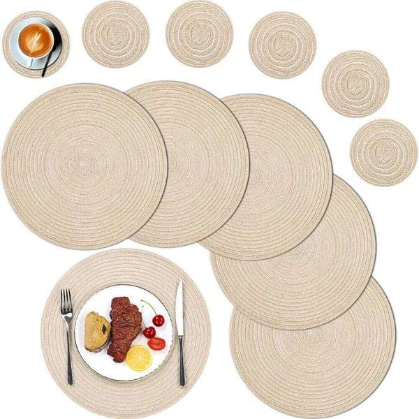 Set of 6 Round Placemats Braided Woven Place Washable Heat Resistant Mats and Coasters for Dining Table 26L0113