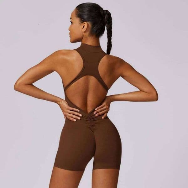 Solid Soft Backless Back Waist Scrunch Yoga Jumpsuit Short Set Women Zipper Sportswear Fitness One Piece Sports Suit Workout LEEGO LENS