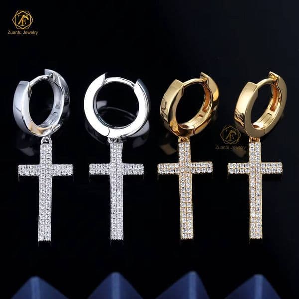 Luxury 925 Sterling Silver Geometric Cross Pendant Drop Earrings VVS Moissanite Huggie Hoop with Gold Plating Main Material