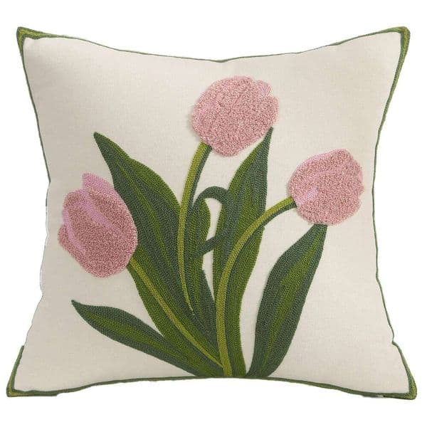 Valentine's Day 1Pc Embroidery Throw 18x18 inch Tulip Flower Pillowcase Spring Pillow for Couch Cotton Canvas Cushion Cover 26H0113