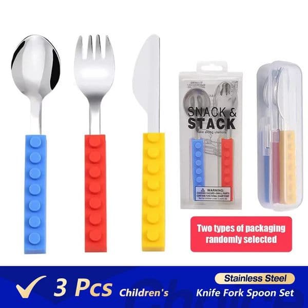 3pcs Stainless Steel Dinnerware Children Western Cutlery Set Knife Fork Spoon Dinner Tableware Silicone Building Blocks Handle 260113BJ