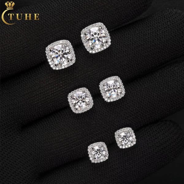 Pass Diamond Tester Moissanite Cube Halo Earrings Luxury 18K White Gold 925 Sterling Silver VVS Mossanite Ear Stud for Men