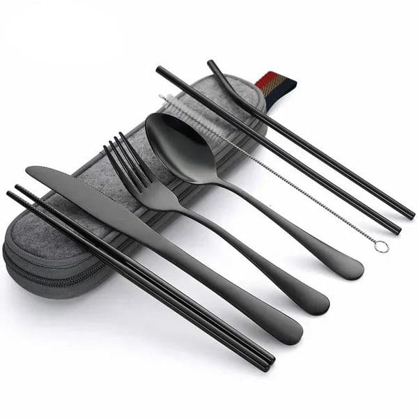 8Pcsset Tableware Reusable Travel Cutlery Set Camp Utensils with stainless steel Spoon Fork Chopsticks Straw Portable case 260113
