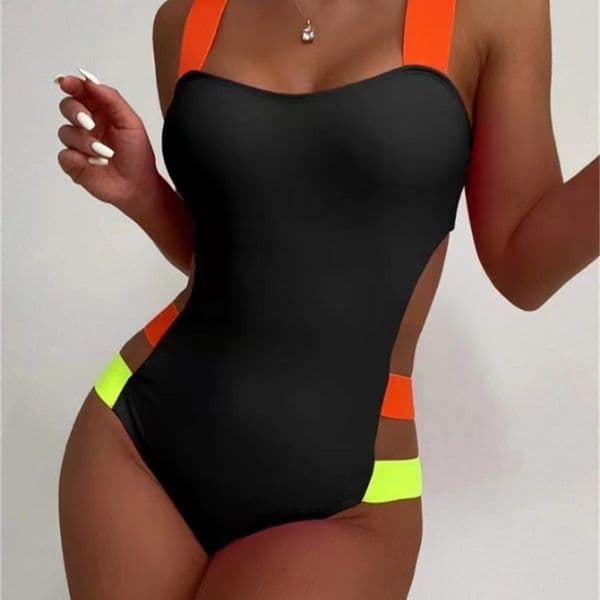 Sexy Black Contrast One Piece Swimsuit Women Neon Strap Hollow Out Backless Monokini Summer Bathing Suit Patchwork Swimwear w251231