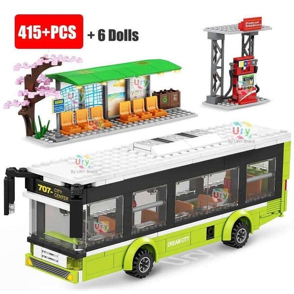 City Traffic Car Green Blue Passenger Bus Station Single-Deck Public Set Figures Model Building Blocks DIY Toys for Boys Gifts X260114