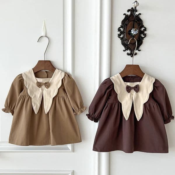 Autumn Baby Girls Dress Casual Bow Clothes Spring Korean Cotton Girls Princess Dress Big Turn Down Collar Dress Girls Clothes 260113BJ