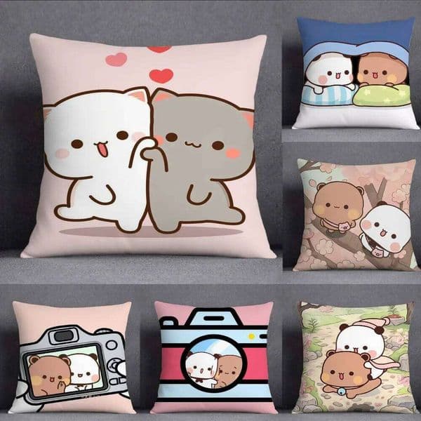 Valentine's Day Panda Bubu and Doodle Print Couple Cartoon Series Pillow Case Square Pillowcase Double-Sided Printing Short Plush So 26H0113
