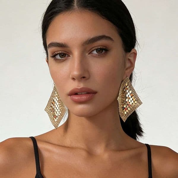 Cross-Border Simple Luxury Minimalist INS Style Metal Sequin Tassel Grid Rhombus Earrings Versatile High-End Feel for Women