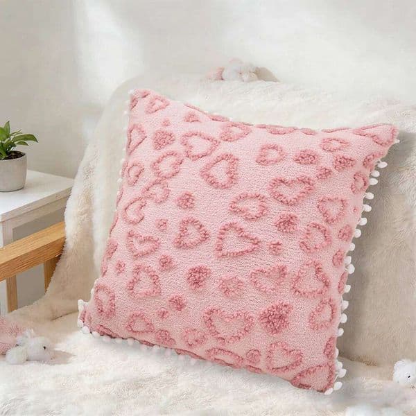 Valentine's Day 45cm Embroidery Throw Pillowcase Heart-shaped Lambswool Pom-pom with Lace Trim, for Sofa Pillow Cushion Home Decor, 26H0114 Pillow Case