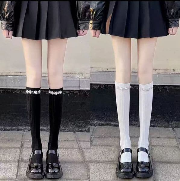 Pearl Lace Mid-Calf Women Japanese College Style JK Pure Cotton Slouch Black and White Versatile Trendy Socks for Matching with Small Leather Shoes