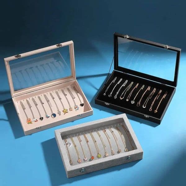 Ice Velvet 20 Hooks Showcase for Necklaces Jewelry Box Stackable Glass Top Lockable ddmynov