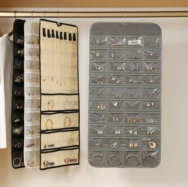 Double-Sided 80-Grid Clear Jewelry Storage Bag Hanging Jewelry Organizer Waterproof Dustproof Grid Compartment For Home/Store Storage Black/White/Grey/Beige