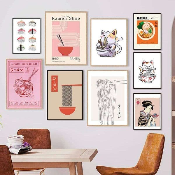 Japanese Ramen Noodles Cat Illustrated Print Watercolor Sushi Poster Kitchen Wall Art Canvas Painting Japan Restaurant Decor 26L0115